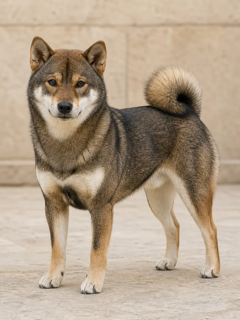 Portrait pédagogique d’un Shiba Inu à la robe sésame noir avec urajiro