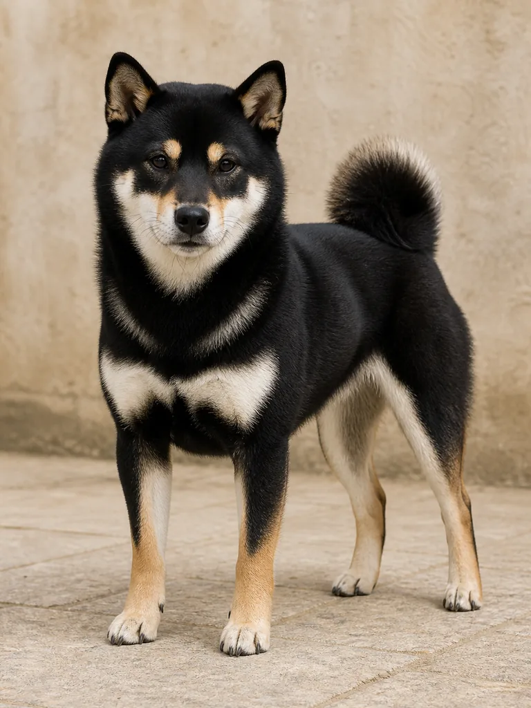 Portrait pédagogique d’un Shiba Inu à la robe noir et feu avec urajiro