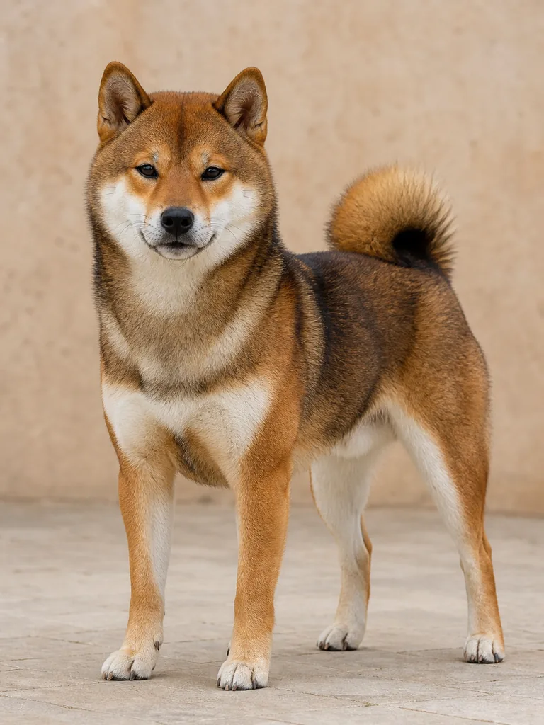 Portrait pédagogique d’un Shiba Inu à la robe sésame rouge avec urajiro